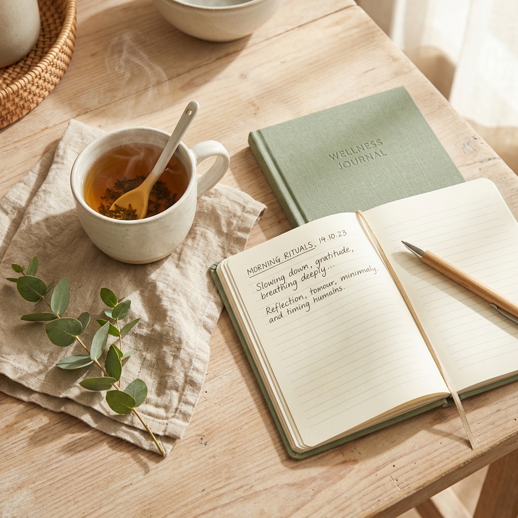A quiet morning layout containing a cup of tea, open journal, and fresh eucalyptus
